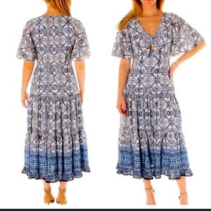🏷️TAYLOR Blue White Jacquard Print Flutter Sleeve Cut-Out Tie Midi Dress 4/8